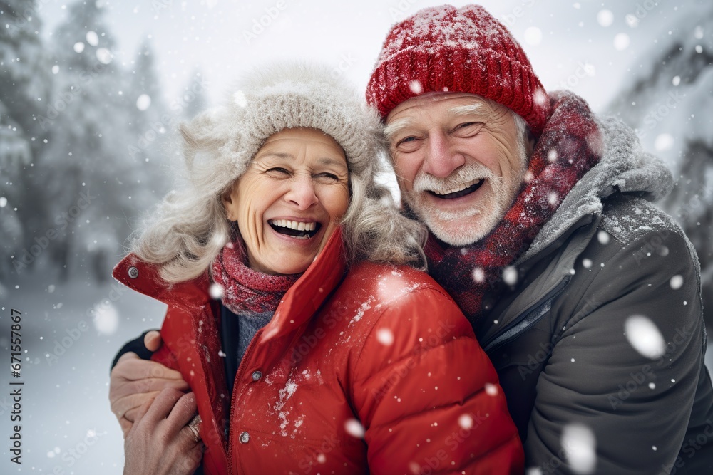 Happy joyful senior couple spending time in a snowy winter outdoor
