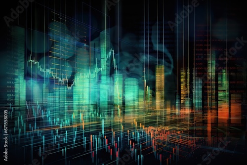 Glowing big data forex candlestick chart on blurry darkbackground. Financial graph diagram. Currency and financial investment trade. Technology and analysis concept. Abstract cryptocurrency banner photo