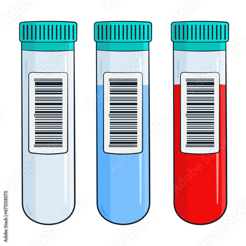 Set of test tubes with barcode. Empty, with fluid and blood
