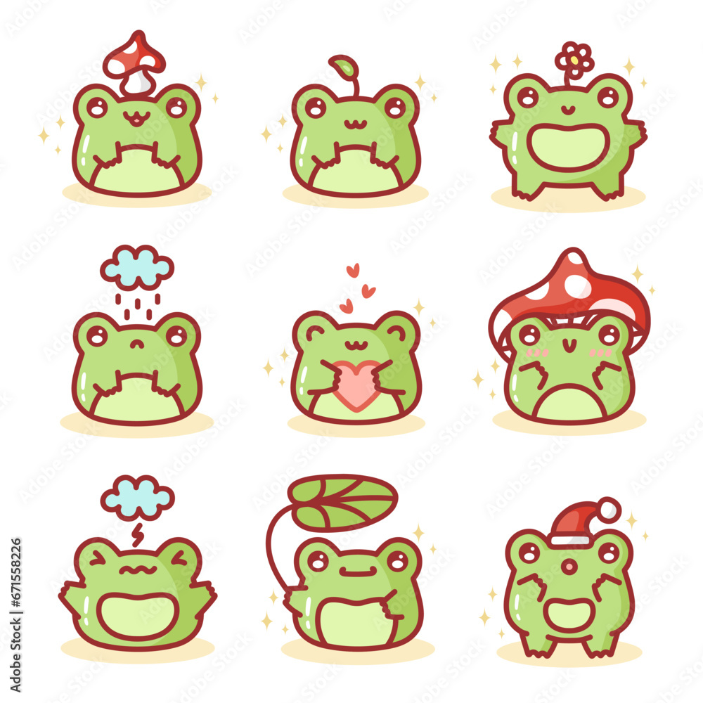 Vector set of cute cartoon frogs. Collection of cute little froggy illustrations, sticker pack. Kawaii froggie pack. Baby animals bundle. Cartoon characters for kids flat illustrations Vector set of cute cartoon frogs. Collection of cute little froggy illustrations, sticker pack. Kawaii froggie pack. Baby animals bundle. Cartoon characters for kids flat illustrations