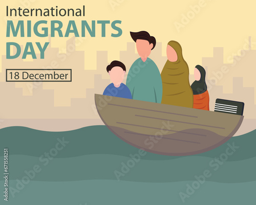 illustration vector graphic of an immigrant family boarded a ship on the sea, perfect for international day, international imigrants day, celebrate, greeting card, etc. photo
