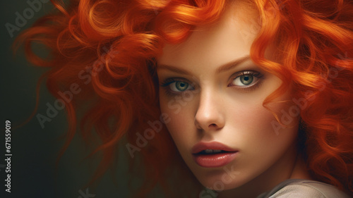 Portrait of a beautiful red-haired girl with curly hair. generativa IA