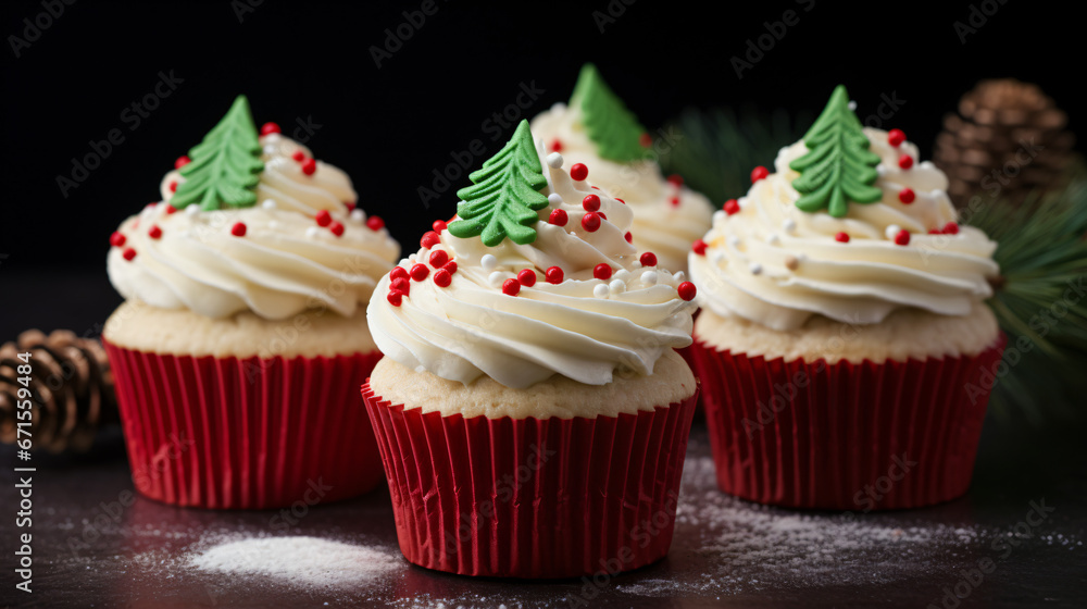 Christmas frosting cupcakes decorated with cream.