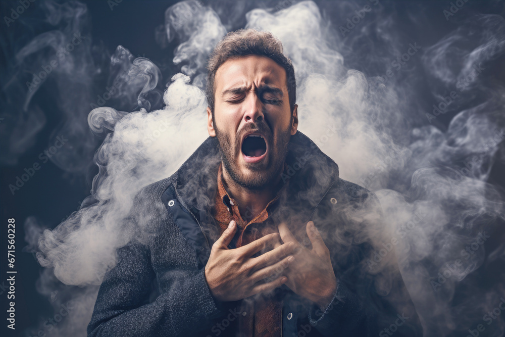 man, clutching his chest in pain, coughs and struggles with asthma symptoms due to exposure to smoke and allergens, reflecting the impact of an unhealthy lifestyle. - obrazy, fototapety, plakaty 