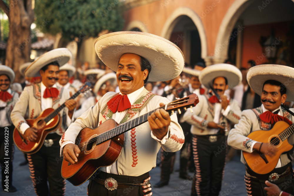A Mexican mariachi singer adds to the festive atmosphere with a lively musical performance, showcasing the joy and style that define this cultural celebration - obrazy, fototapety, plakaty 