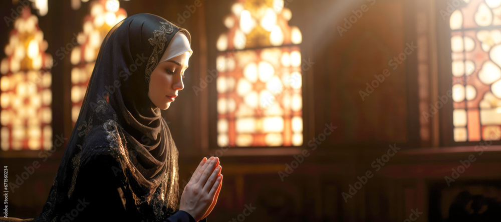 Inside the mosque, a young Asian woman in a hijab and traditional clothing offers her devout prayer to Allah