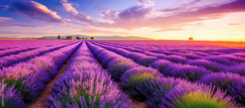 A picturesque lavender field, bathed in the golden light of a summer sunrise, showcasing the vibrant and fragrant blossoms.