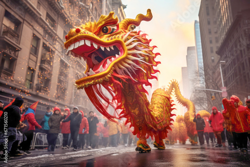a lively Chinese New Year parade in a bustling city, featuring colorful dragon dances and traditional decorations