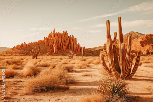 A breathtaking desert landscape in Arizona, showcasing the beauty of the arid outdoors at sunset, with cacti, mountains, and a vivid summer sky.