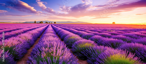 A picturesque lavender field  bathed in the golden light of a summer sunrise  showcasing the vibrant and fragrant blossoms.