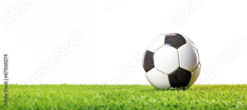 A white soccer ball set against the vibrant green grass of a stadium  ready for an exciting game of football.