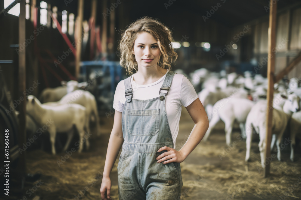 Young woman in overalls amongst sheep in dirty farm. - obrazy, fototapety, plakaty 