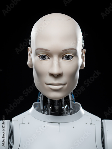 Female robot face closeup on white blurred digital background. Artificial intelligence in virtual reality. Robot head conceptual design closeup portrait.