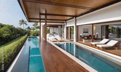 a large swimming pool with a wooden deck and a wooden ceiling  © Arhitercture