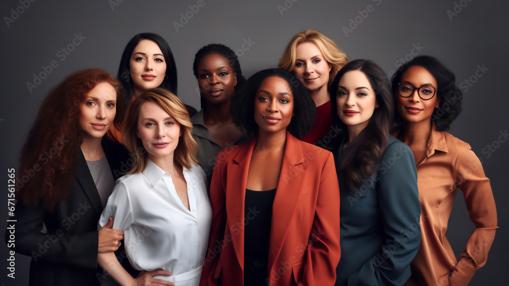 Portrait of smiled and self-assured women from various backgrounds, ages, and ethnicities, united in solidarity. Concept of female strength, unity in diversity, and the celebration of individuality Portrait of smiled and self-assured women from various backgrounds, ages, and ethnicities, united in solidarity. Concept of female strength, unity in diversity, and the celebration of individuality