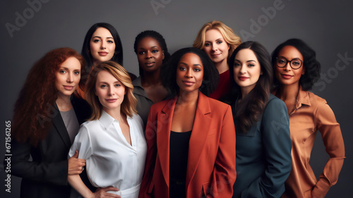 Portrait of smiled and self-assured women from various backgrounds, ages, and ethnicities, united in solidarity. Concept of female strength, unity in diversity, and the celebration of individuality