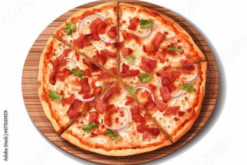 Illustration of pizza with bacon on wooden board