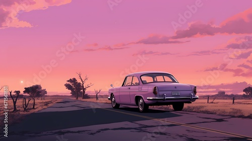 retro classic car and sunset