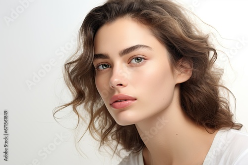 Beautiful young woman posing for the camera on a light background. Beauty, skin care, perfume concept