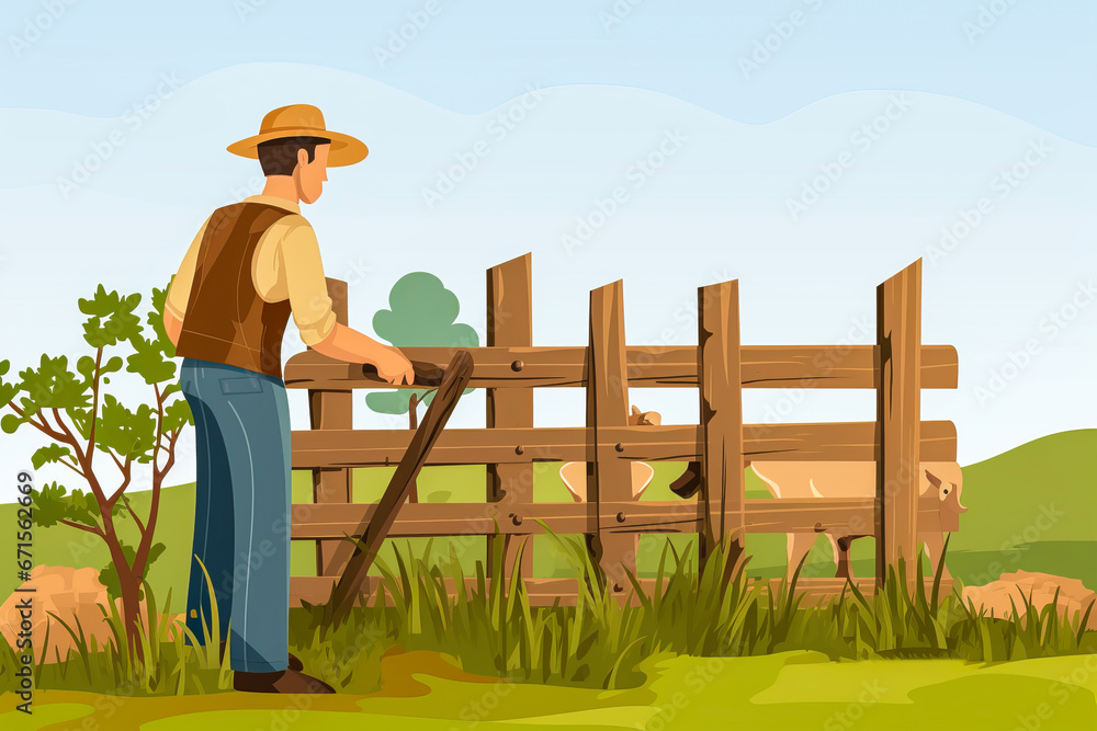 Farmer repairing wooden fence in flat design. Farmer repairing wooden fence in flat design.