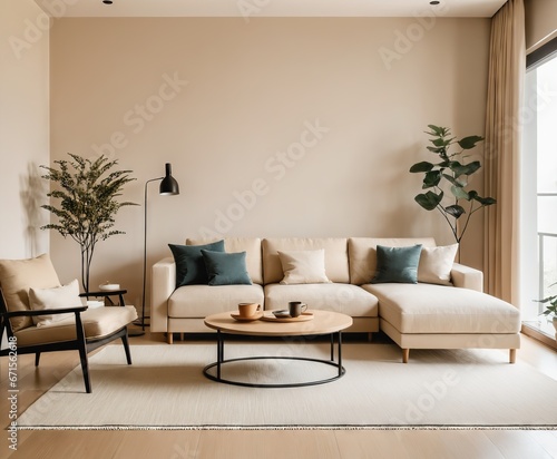 living room interior with cozy beige couch