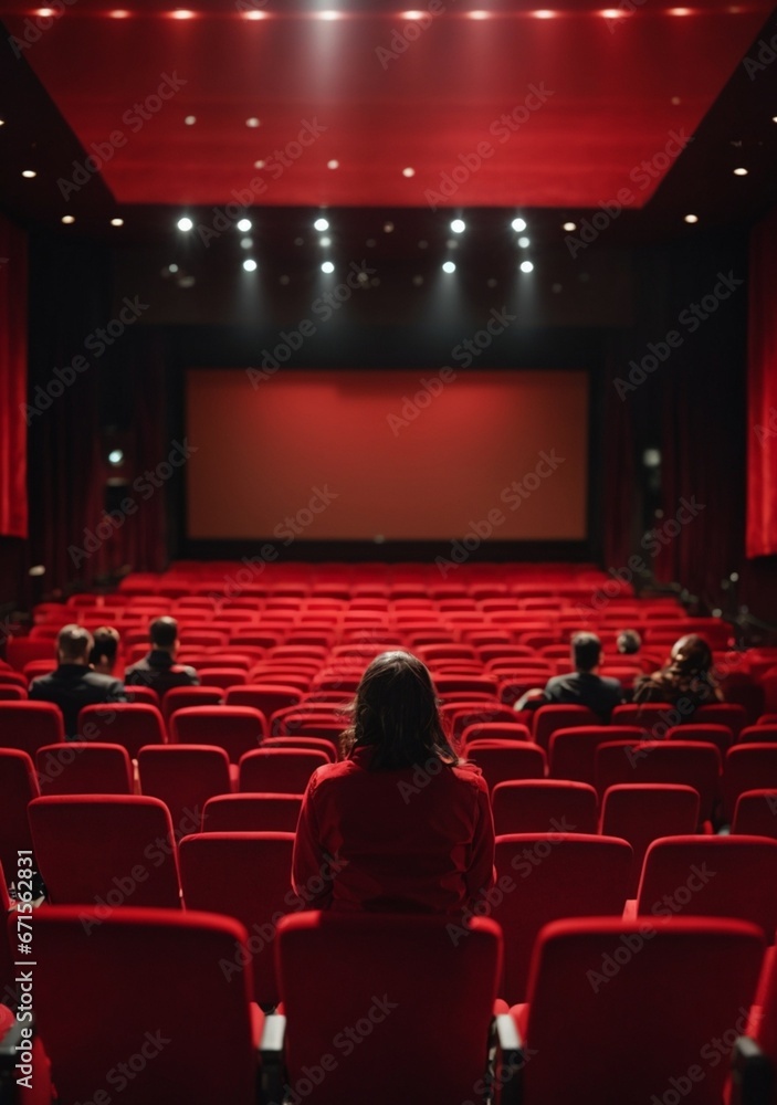 Fototapeta premium Cinema auditorium with red seats and projector screen. Back view of unrecognizable people sitting in cinema hall.
