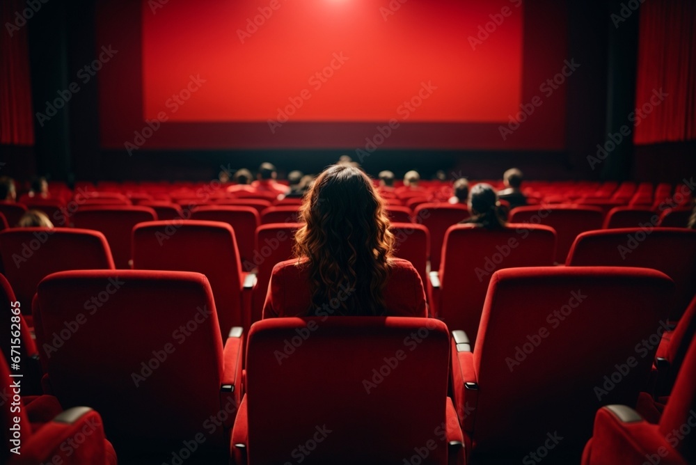 Cinema auditorium with red seats and projector screen. Back view of unrecognizable people sitting in cinema hall. - obrazy, fototapety, plakaty 