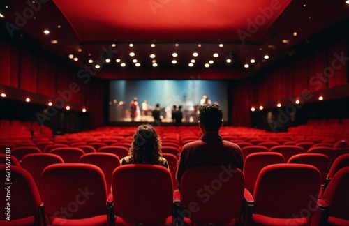 Cinema auditorium with red seats and projector screen. Back view of unrecognizable people sitting in cinema hall.