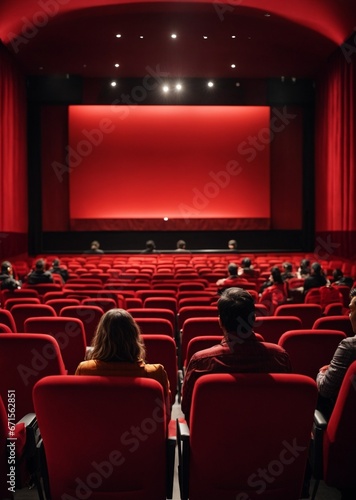 Cinema auditorium with red seats and projector screen. Back view of unrecognizable people sitting in cinema hall.