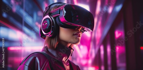 Girl is wearing a pink vr headset, in the style of retro-futuristic cyberpunk