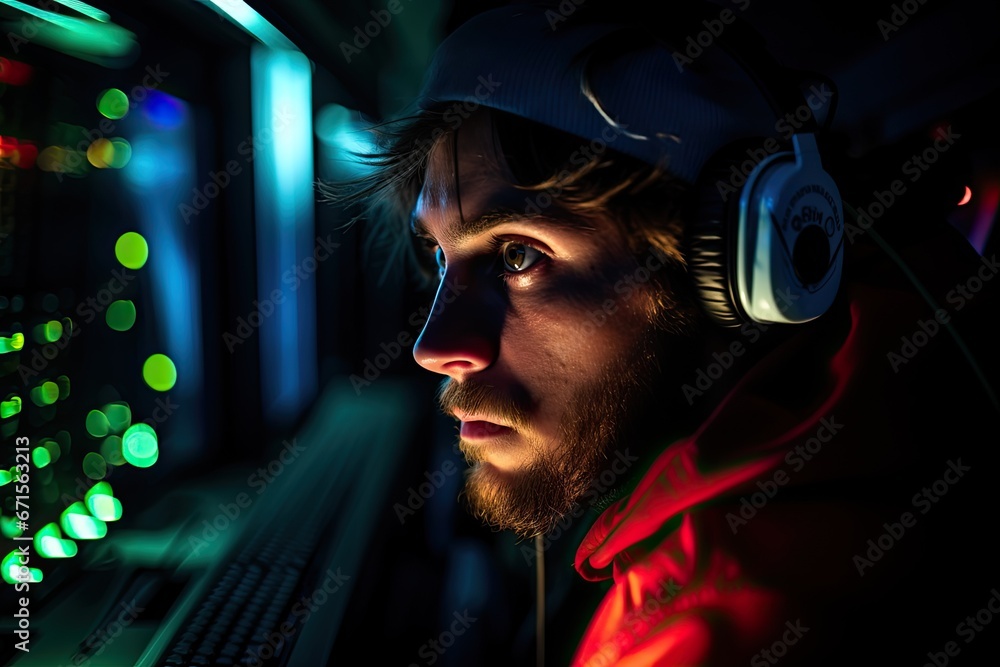 Close-up of a gamer's face illuminated by the glow of the screen. Close-up of a gamer's face illuminated by the glow of the screen.