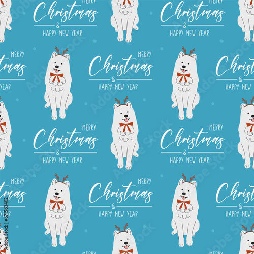 Seamless pattern with Christmas samoyed in hand drawn style. Greeting text Merry Christmas and Happy New Year. Background for wrapping paper, greeting cards and seasonal designs