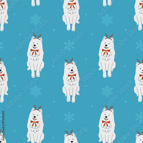 Seamless pattern with Christmas samoyed in hand drawn style. Background for wrapping paper, greeting cards and seasonal designs