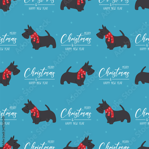 Seamless pattern with Christmas Scottish terrier in hand drawn style. Greeting text Merry Christmas and Happy New Year. Background for wrapping paper, greeting cards and seasonal designs