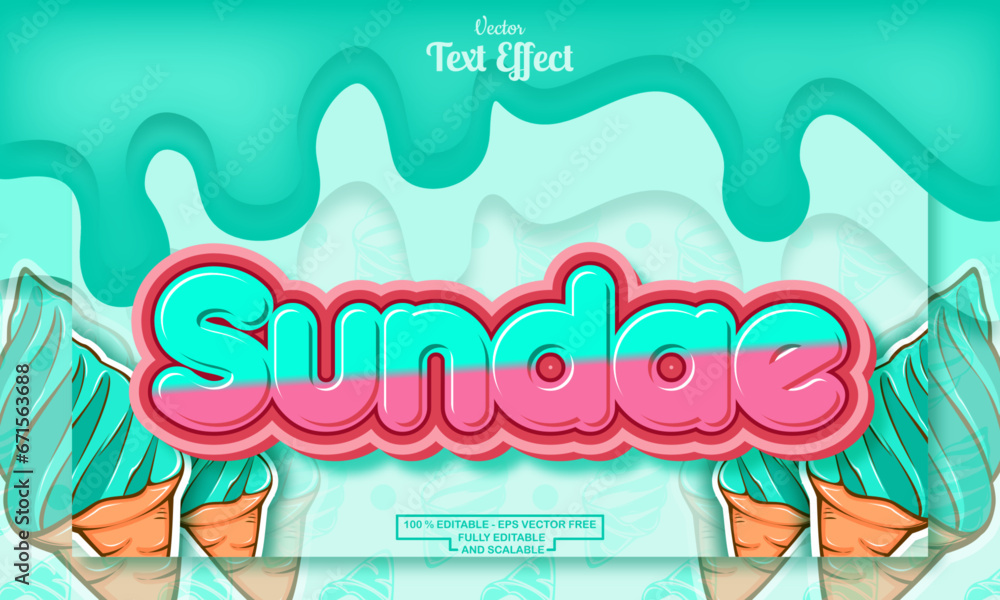 Sundae editable text effect on melting background with mint ice cream hand drawn pattern