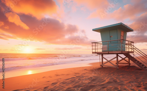 lifeguard tower on beach at sunset in summer