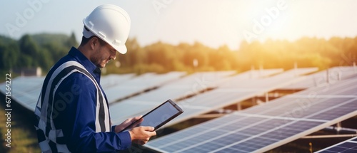Engineer Managing Solar Cell Farm with Tablet