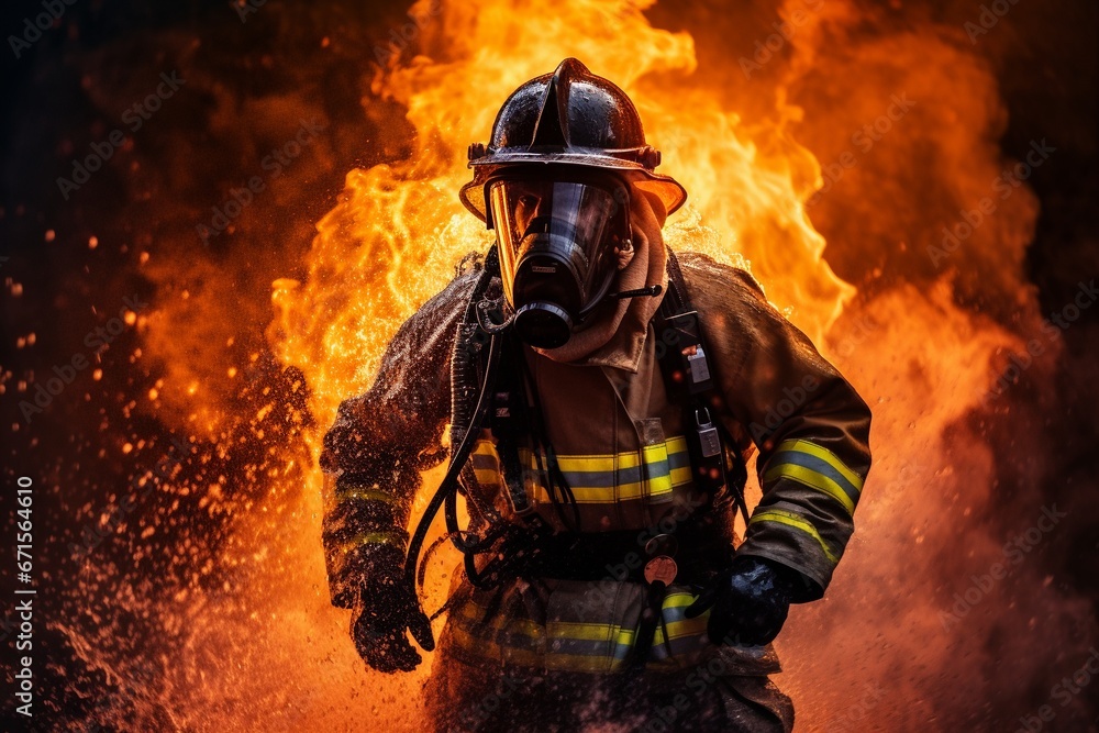 Firefighter Battling Flames with Water and Extinguisher Firefighter Battling Flames with Water and Extinguisher