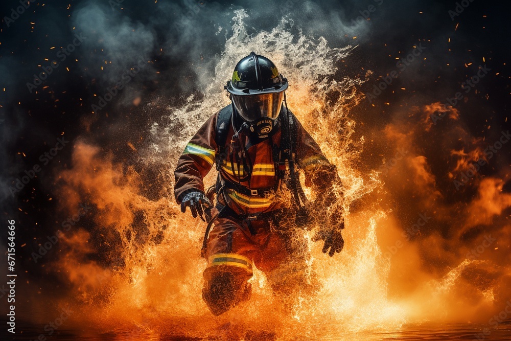 Fototapeta premium Firefighter Battling Flames with Water and Extinguisher