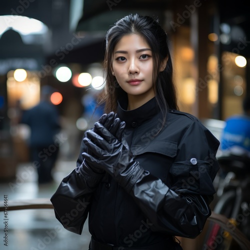 a woman wearing black gloves and a black jacket