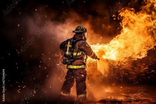 Firefighter Battling Flames with Water and Extinguisher © Maximilien