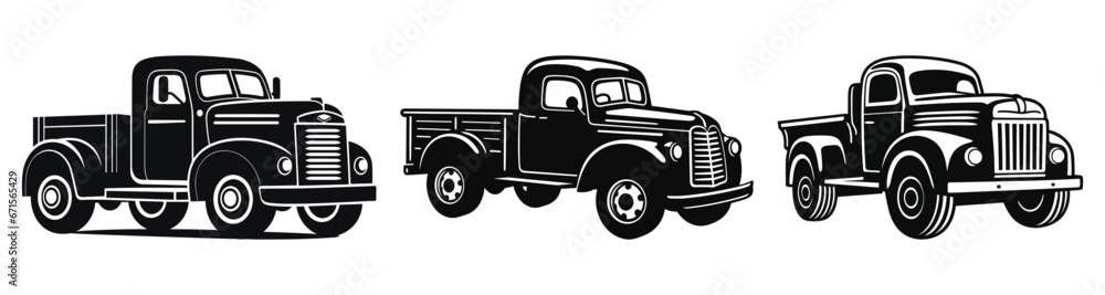 Set of Old Truck Black Color Vector Clipart