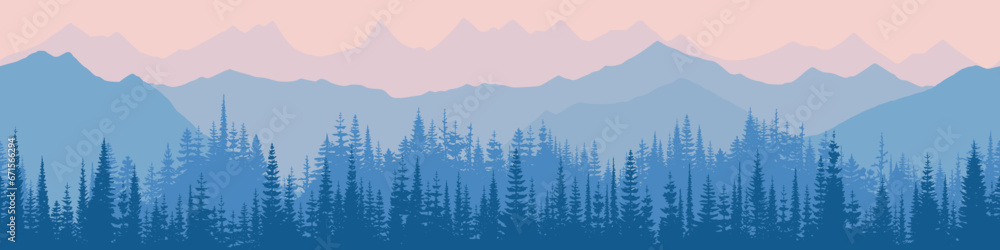 Sunrise in the mountains, seamless border, panoramic view, vector illustration	