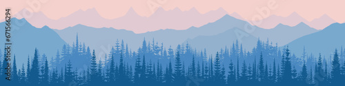 Sunrise in the mountains, seamless border, panoramic view, vector illustration 