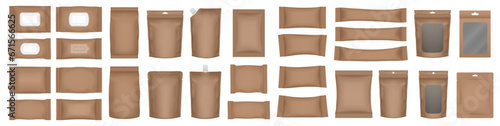 Set of realistic pouch mockups. Brown flow pack, sachet, zip bag and doypack. Ice cream wrapper. Sheet mask. Soap or wet wipes packaging. Cardboard box with transparent window and hanging hole