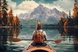 Woman Kayaking in Beautiful Lake Landscape