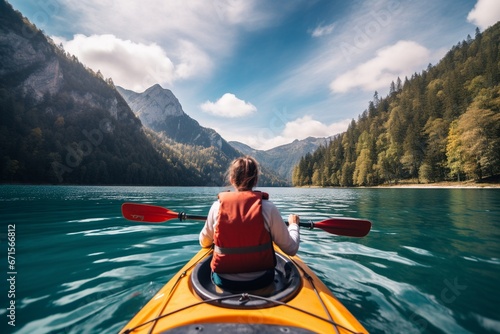 Woman Kayaking in Beautiful Lake Landscape