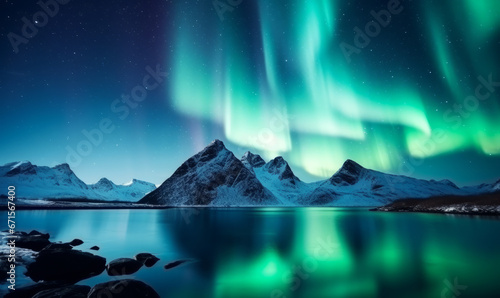 Dramatic landscape with beautiful Northern Lights, Aurora borealis light show in the sky © ink drop