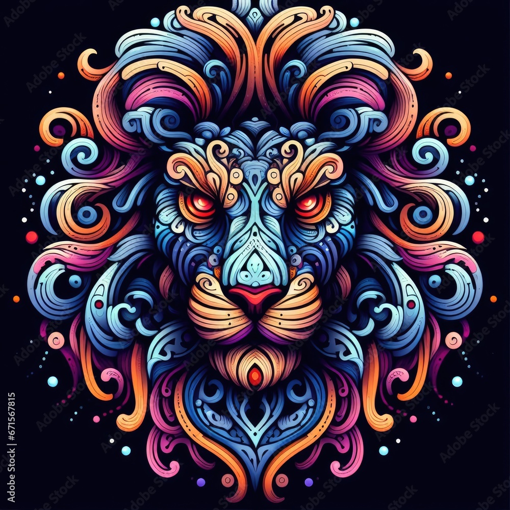 A digital art image of a lion_s head with a colorful and intricate design. The lion_s head is symmetrical and fills the entire image A digital art image of a lion_s head with a colorful and intricate design. The lion_s head is symmetrical and fills the entire image