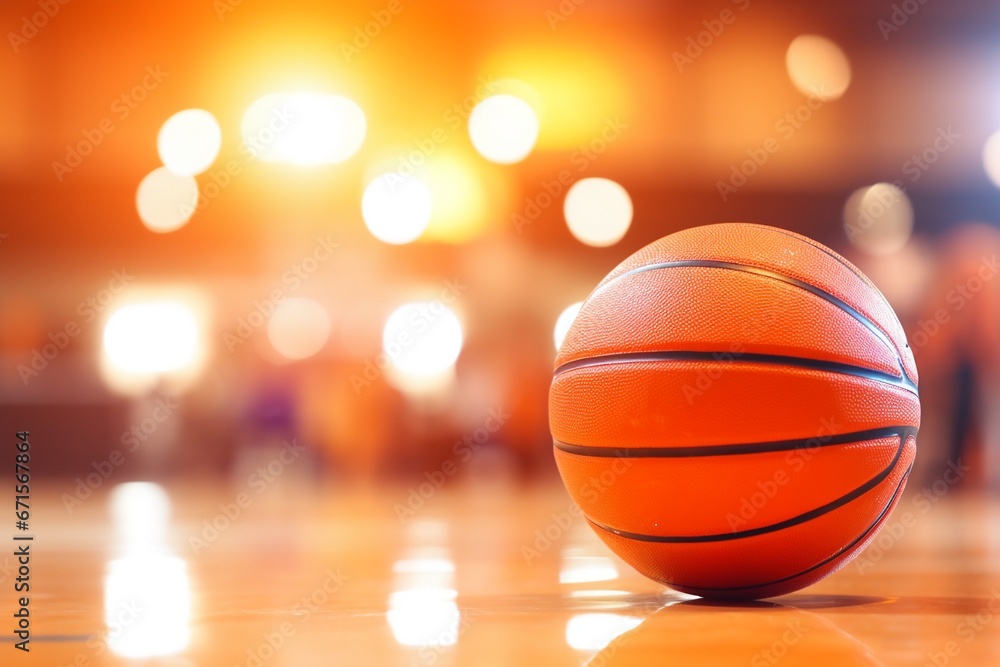 Basketball Ball in Gym with Bokeh Lights